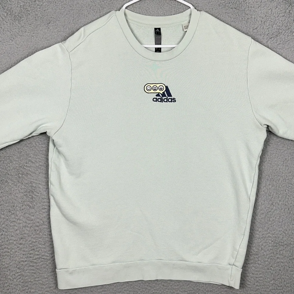 Adidas Sweatshirt Mens Large Mint Green Smiley Face Graphic Crew Neck Pullover